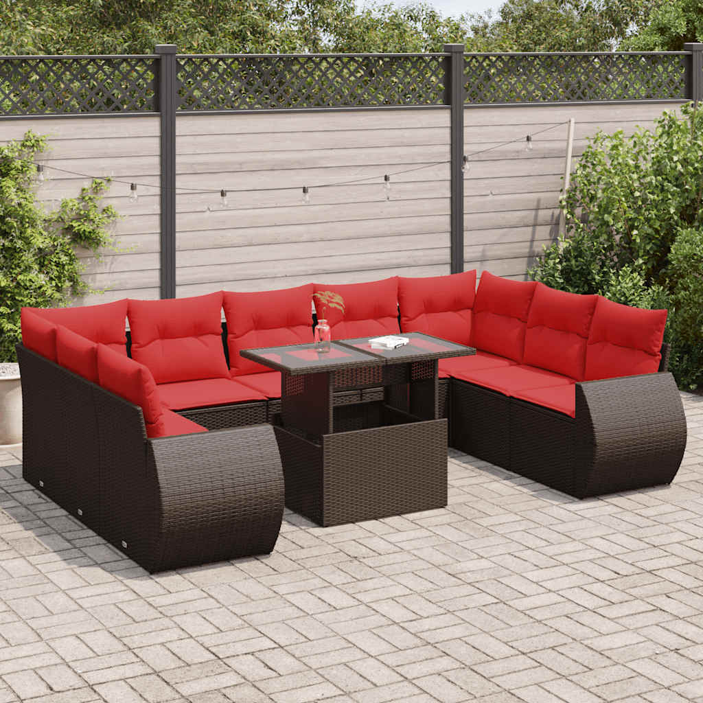 10 Piece Garden Sofa Set with Cushions Brown Poly Rattan Acacia