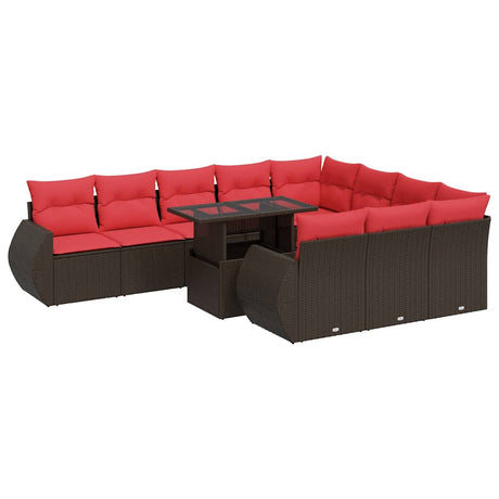 11 Piece Garden Sofa Set with Cushions Brown Poly Rattan Acacia