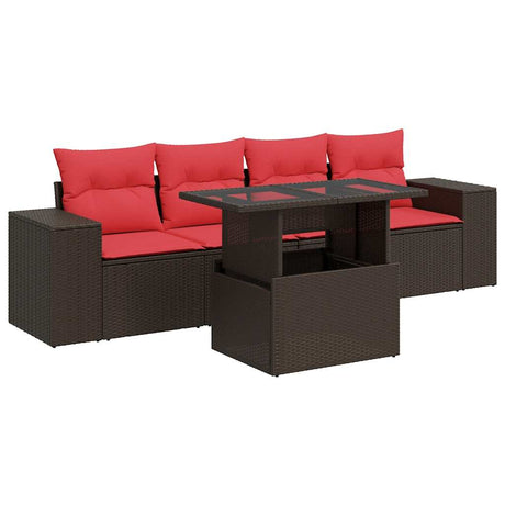 5 Piece Garden Sofa Set with Cushions Brown Poly Rattan Acacia