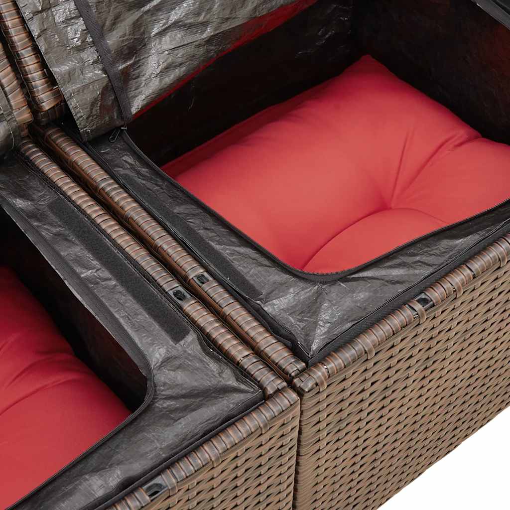 5 Piece Garden Sofa Set with Cushions Brown Poly Rattan Acacia