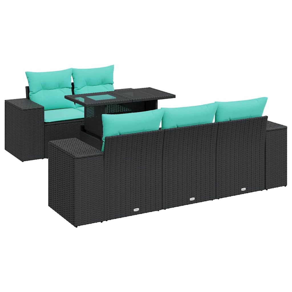 6 Piece Garden Sofa Set with Cushions Black Poly Rattan Acacia