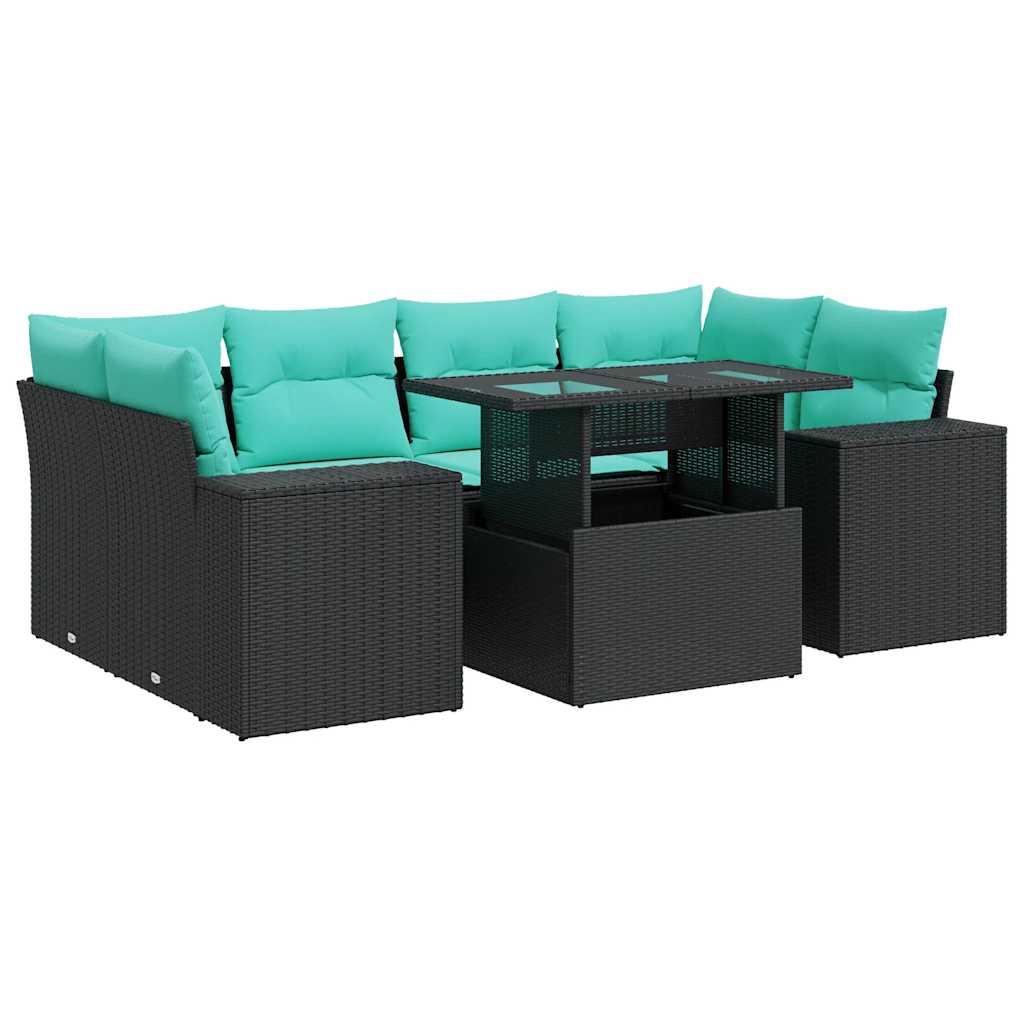 7 Piece Garden Sofa Set with Cushions Black Poly Rattan Acacia