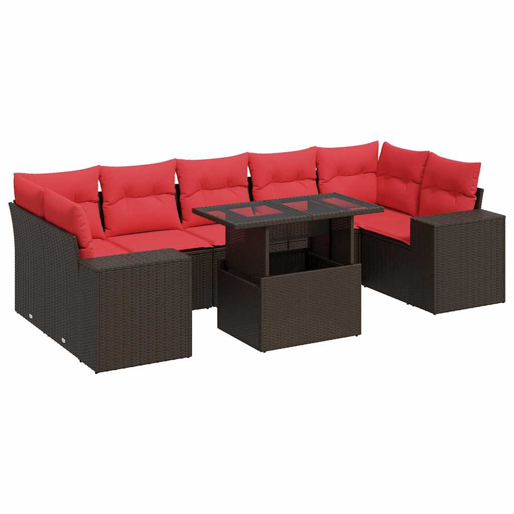 8 Piece Garden Sofa Set with Cushions Brown Poly Rattan Acacia