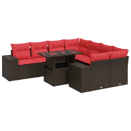 9 Piece Garden Sofa Set with Cushions Brown Poly Rattan Acacia