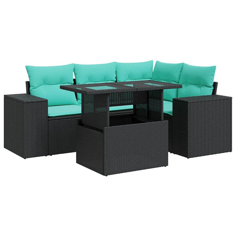 5 Piece Garden Sofa Set with Cushions Black Poly Rattan Acacia
