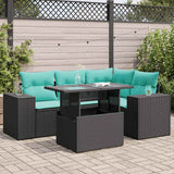 5 Piece Garden Sofa Set with Cushions Black Poly Rattan Acacia