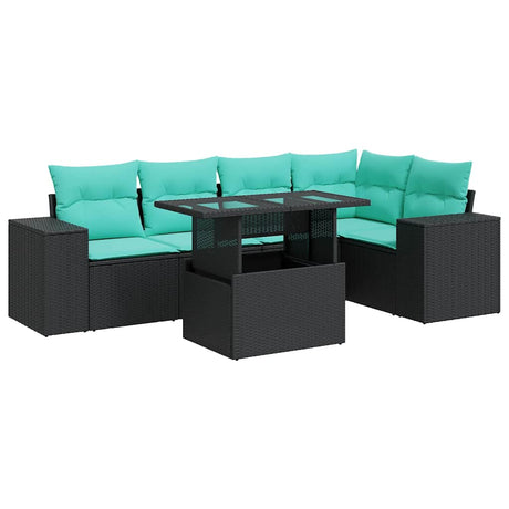 6 Piece Garden Sofa Set with Cushions Black Poly Rattan Acacia