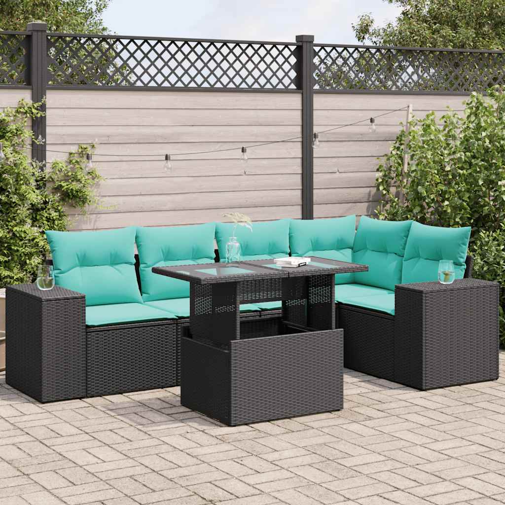 6 Piece Garden Sofa Set with Cushions Black Poly Rattan Acacia
