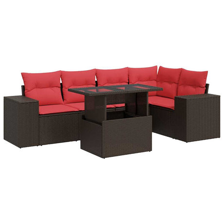 6 Piece Garden Sofa Set with Cushions Brown Poly Rattan Acacia