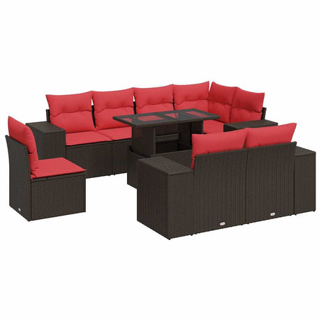 9 Piece Garden Sofa Set with Cushions Brown Poly Rattan Acacia