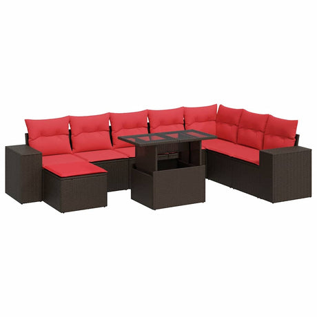 8 Piece Garden Sofa Set with Cushions Brown Poly Rattan Acacia
