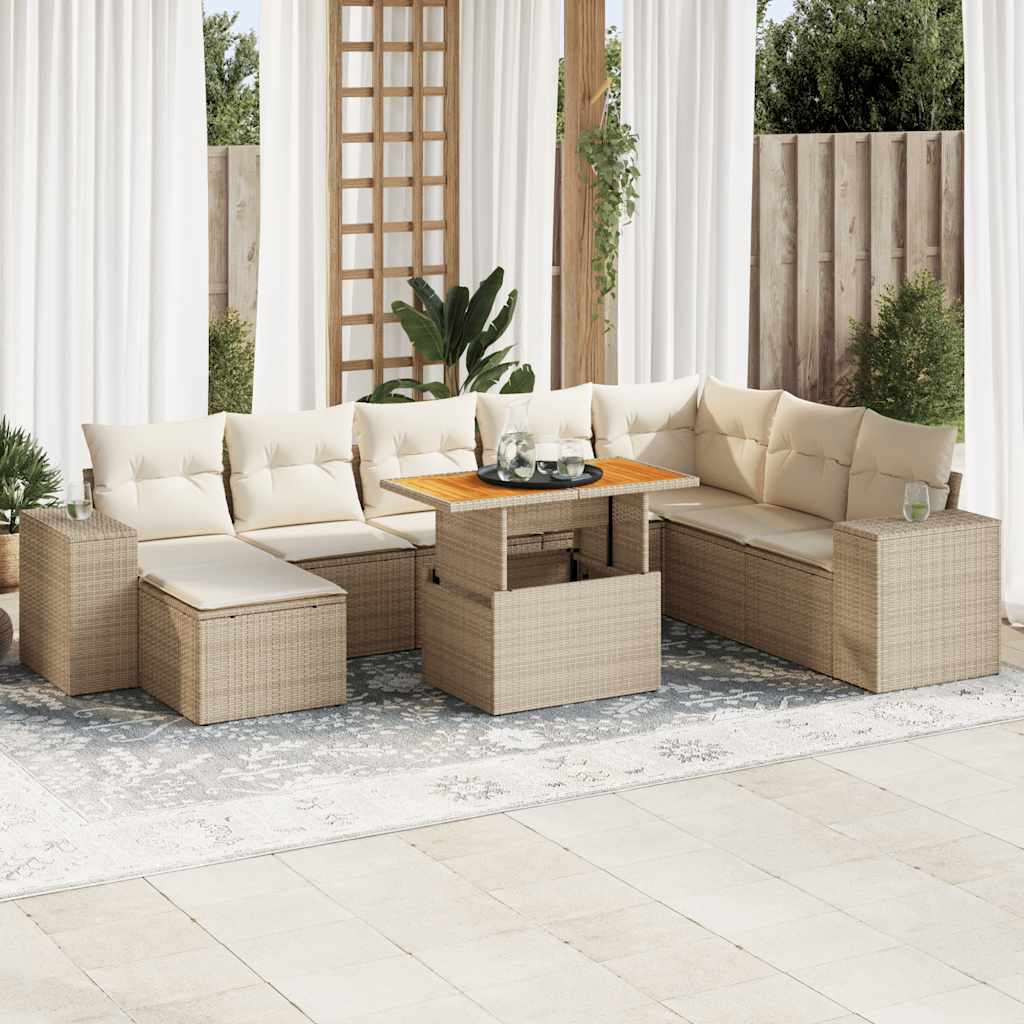 9 Piece Garden Sofa Set with Cushions Beige Poly Rattan Acacia