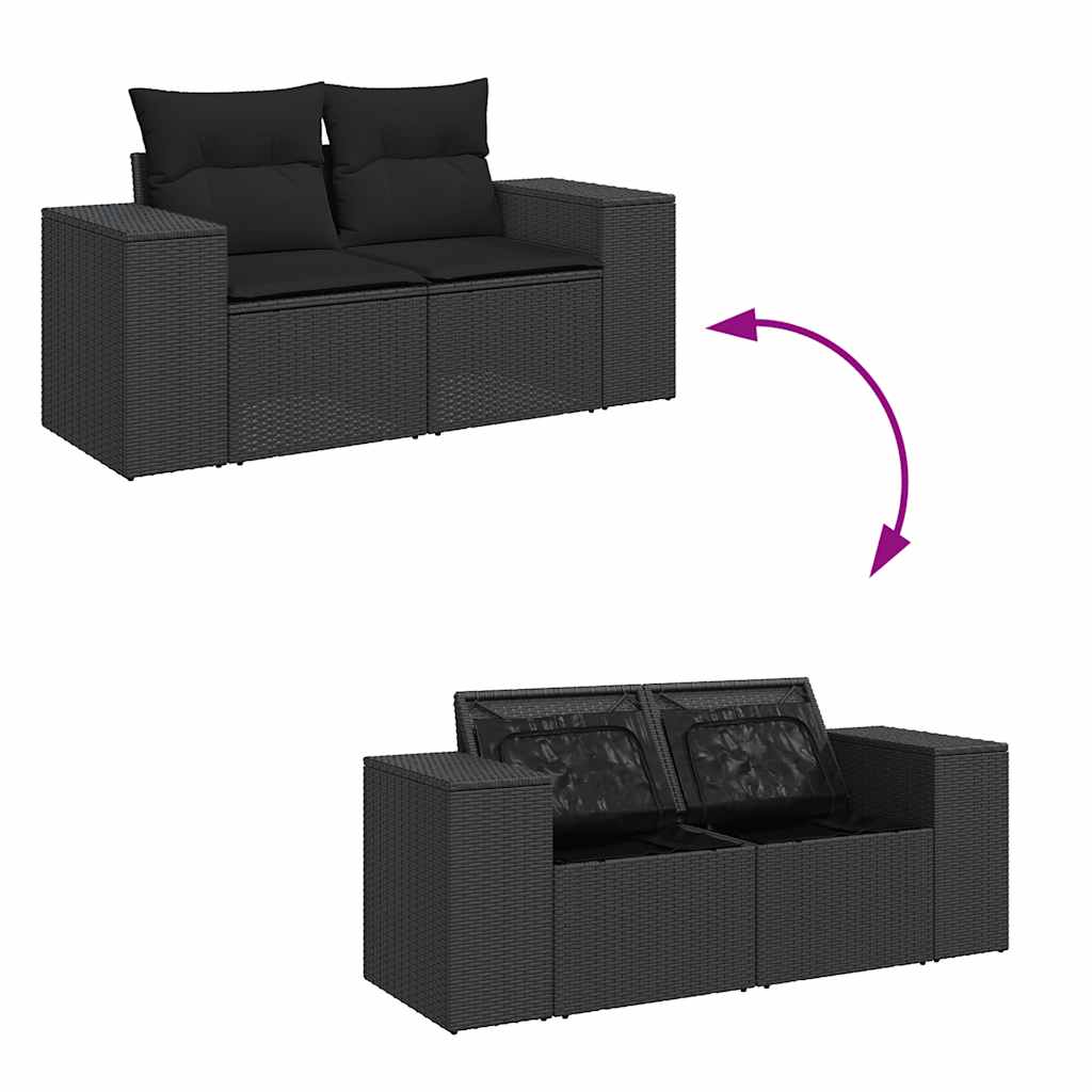 10 Piece Garden Sofa Set with Cushions Black Poly Rattan Acacia