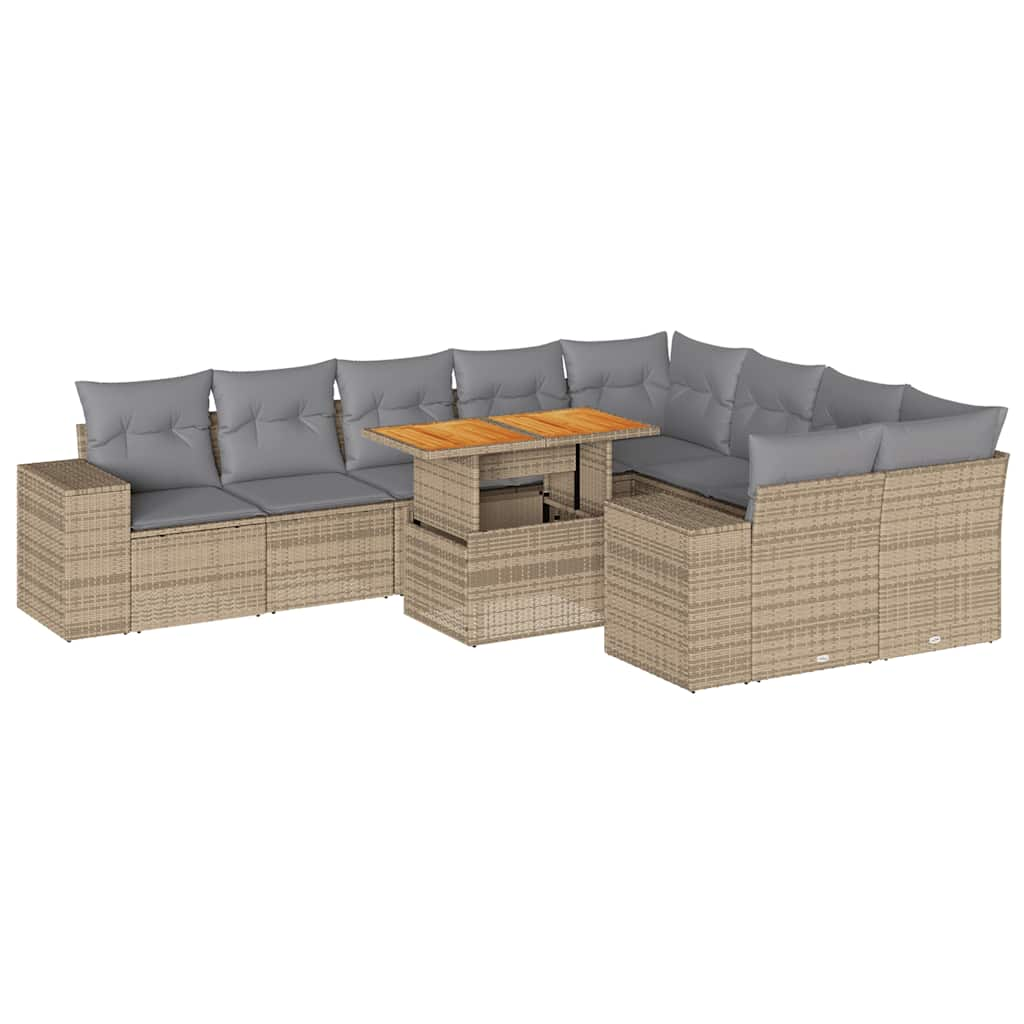 10 Piece Garden Sofa Set with Cushions Beige Poly Rattan Acacia