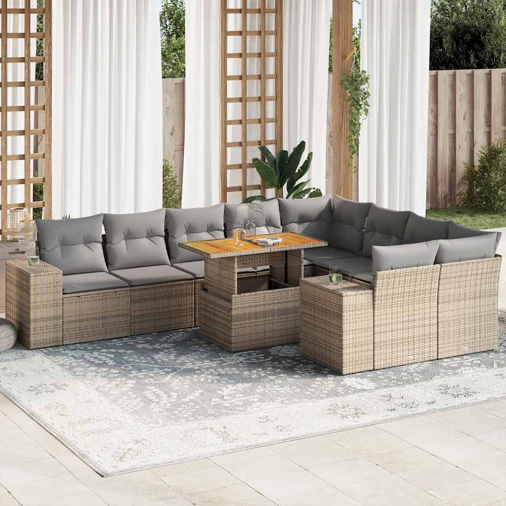 10 Piece Garden Sofa Set with Cushions Beige Poly Rattan Acacia