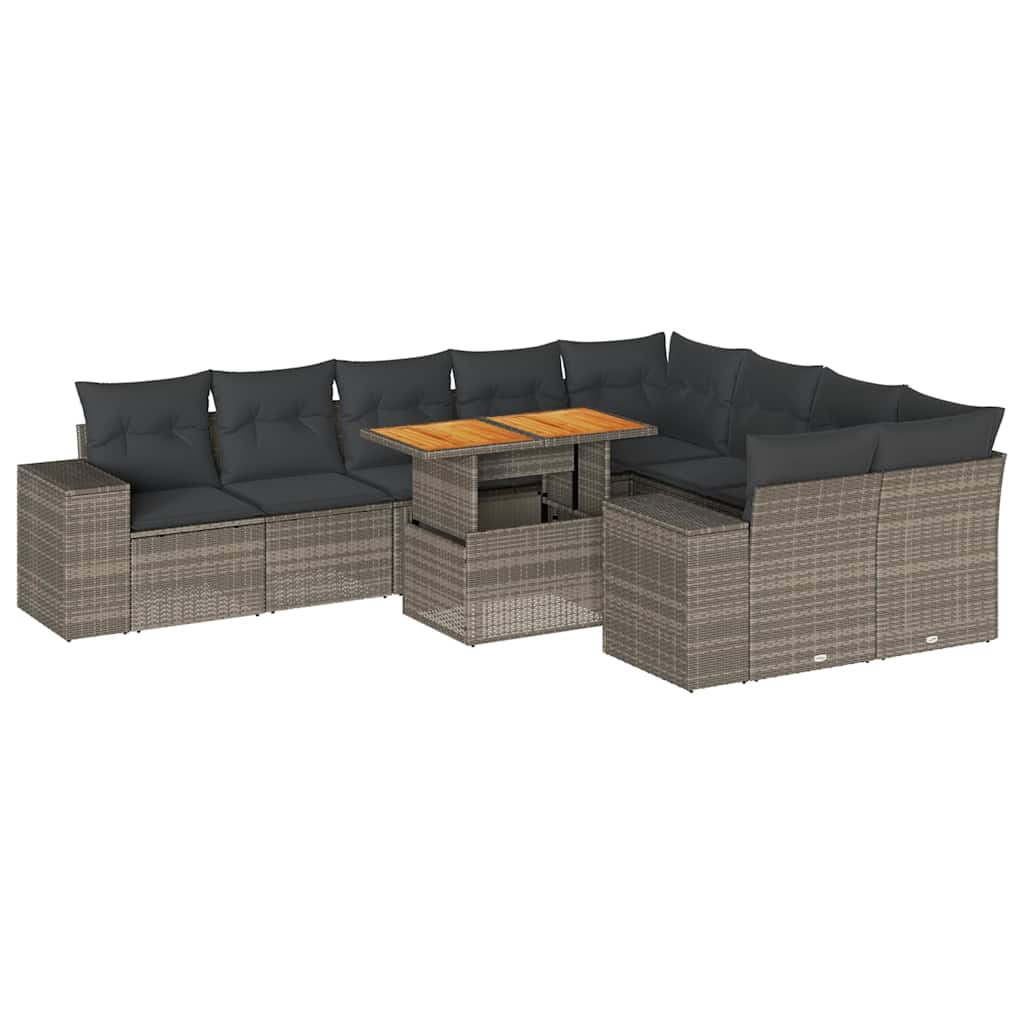 10 Piece Garden Sofa Set with Cushions Grey Poly Rattan Acacia