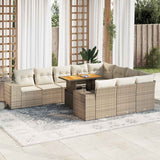 10 Piece Garden Sofa Set with Cushions Beige Poly Rattan Acacia