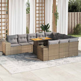 10 Piece Garden Sofa Set with Cushions Beige Poly Rattan Acacia