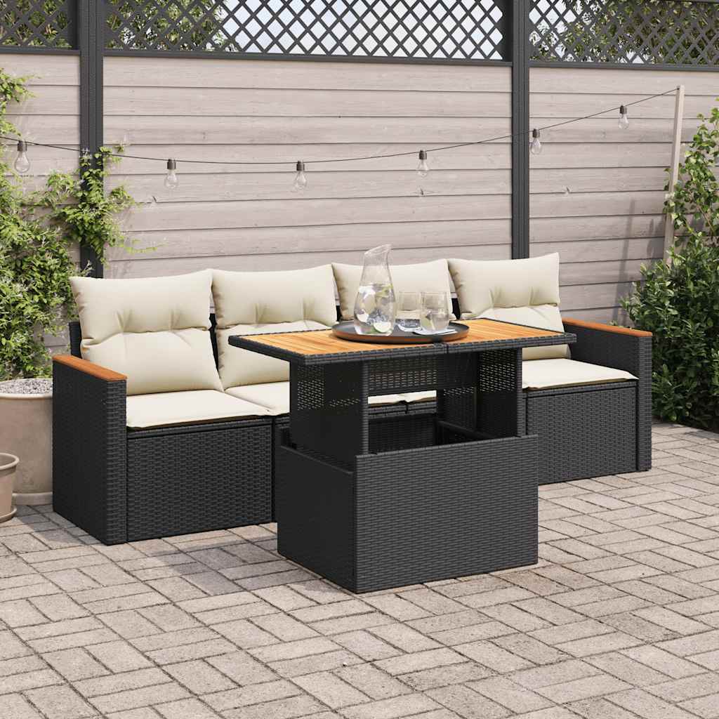 5 Piece Garden Sofa Set with Cushions Black Poly Rattan Acacia