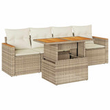 5 Piece Garden Sofa Set with Cushions Beige Poly Rattan Acacia
