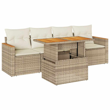 5 Piece Garden Sofa Set with Cushions Beige Poly Rattan Acacia