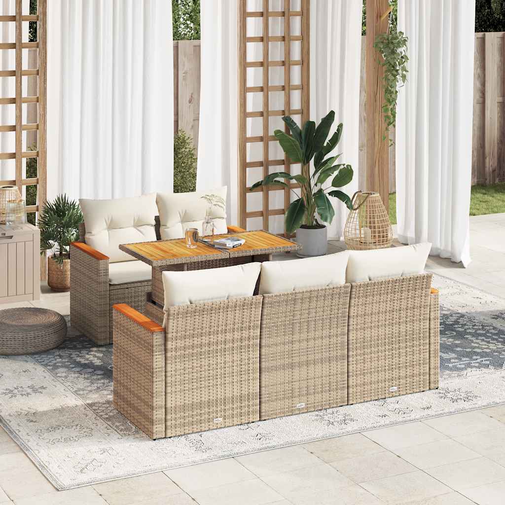 6 Piece Garden Sofa Set with Cushions Beige Poly Rattan Acacia