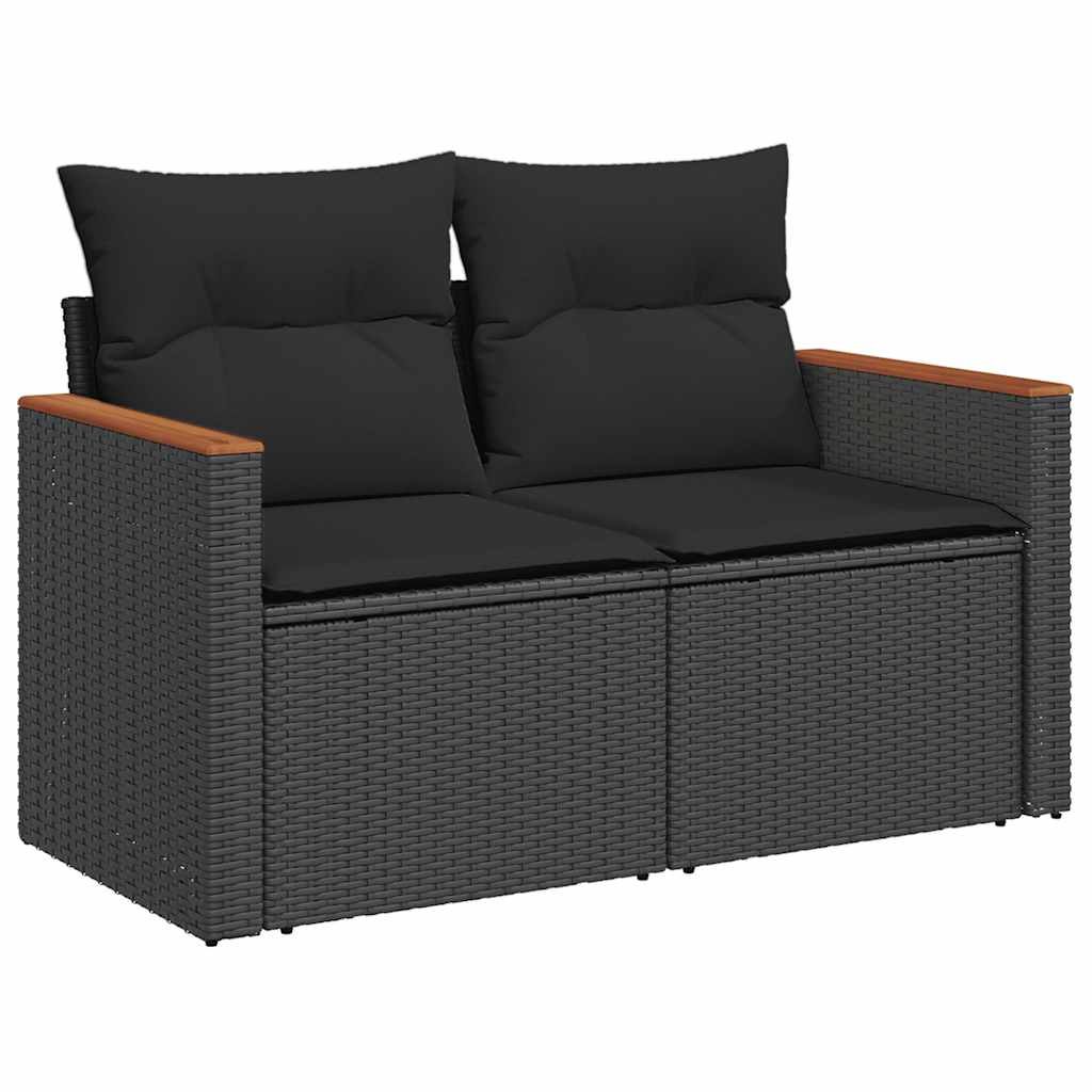 7 Piece Garden Sofa Set with Cushions Black Poly Rattan Acacia