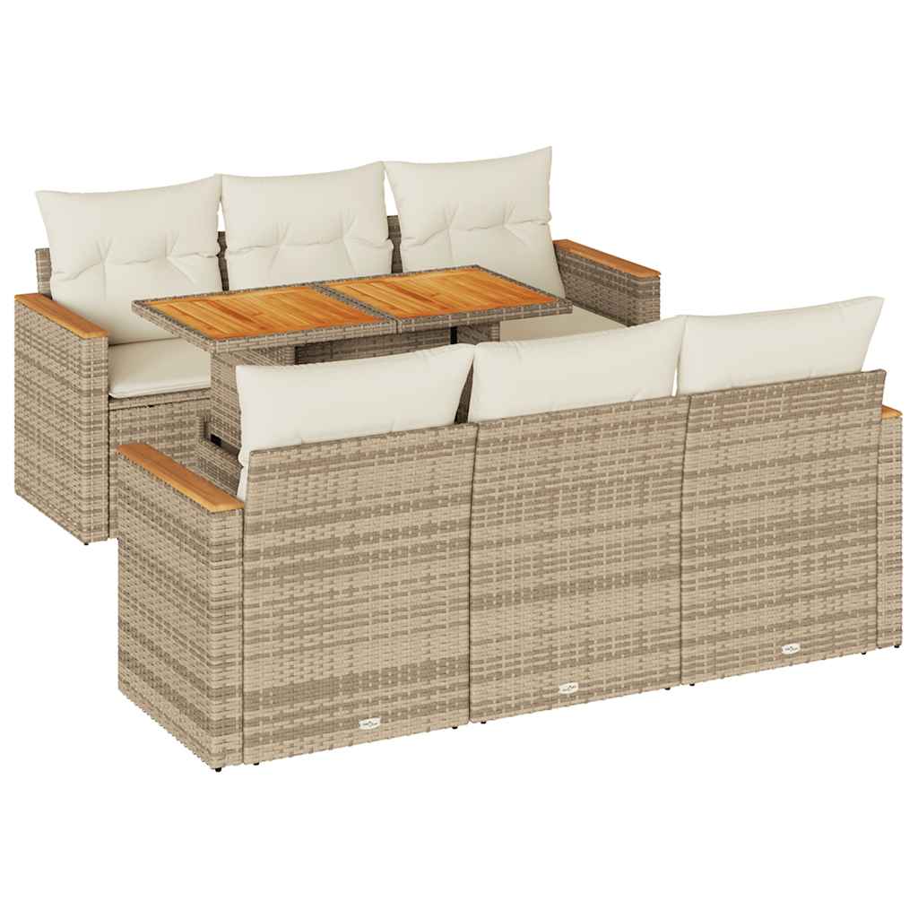 7 Piece Garden Sofa Set with Cushions Beige Poly Rattan Acacia