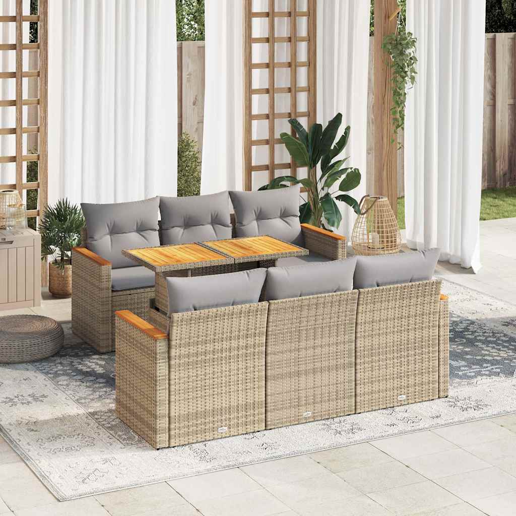 7 Piece Garden Sofa Set with Cushions Beige Poly Rattan Acacia