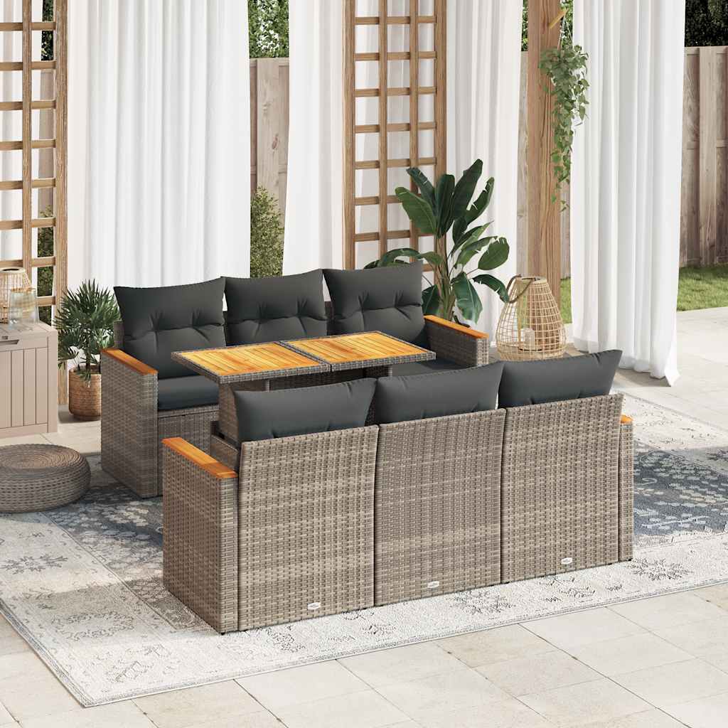 7 Piece Garden Sofa Set with Cushions Grey Poly Rattan Acacia