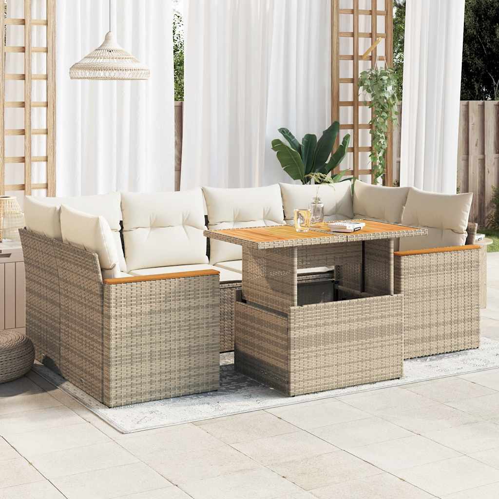 6 Piece Garden Sofa Set with Cushions Beige Poly Rattan Acacia