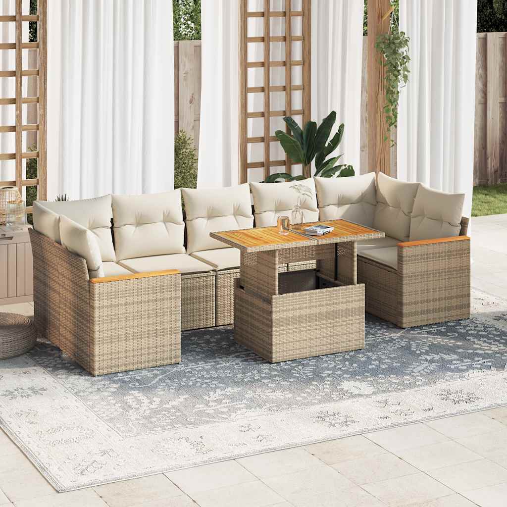 7 Piece Garden Sofa Set with Cushions Beige Poly Rattan Acacia