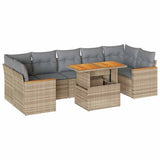 7 Piece Garden Sofa Set with Cushions Beige Poly Rattan Acacia