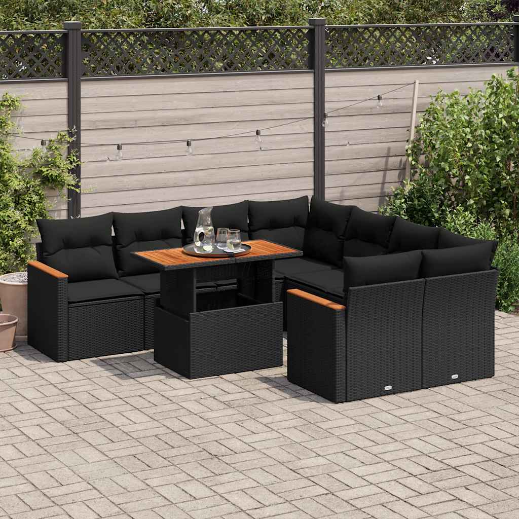 9 Piece Garden Sofa Set with Cushions Black Poly Rattan Acacia