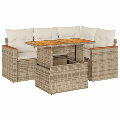 5 Piece Garden Sofa Set with Cushions Beige Poly Rattan Acacia