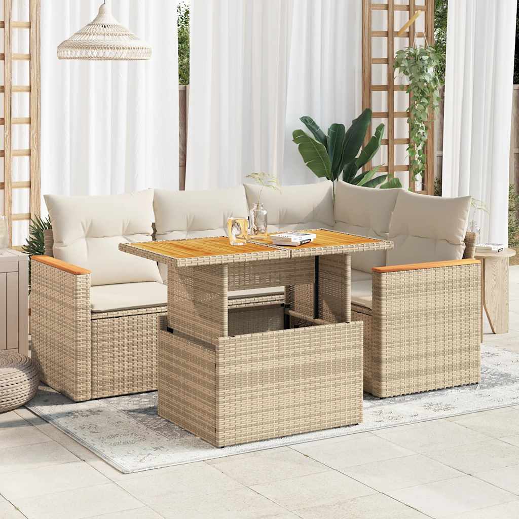5 Piece Garden Sofa Set with Cushions Beige Poly Rattan Acacia