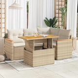 5 Piece Garden Sofa Set with Cushions Beige Poly Rattan Acacia