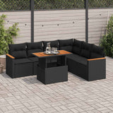 7 Piece Garden Sofa Set with Cushions Black Poly Rattan Acacia