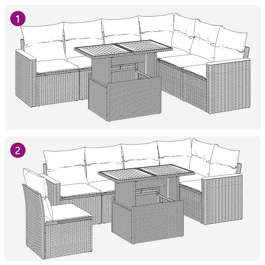 7 Piece Garden Sofa Set with Cushions Beige Poly Rattan Acacia