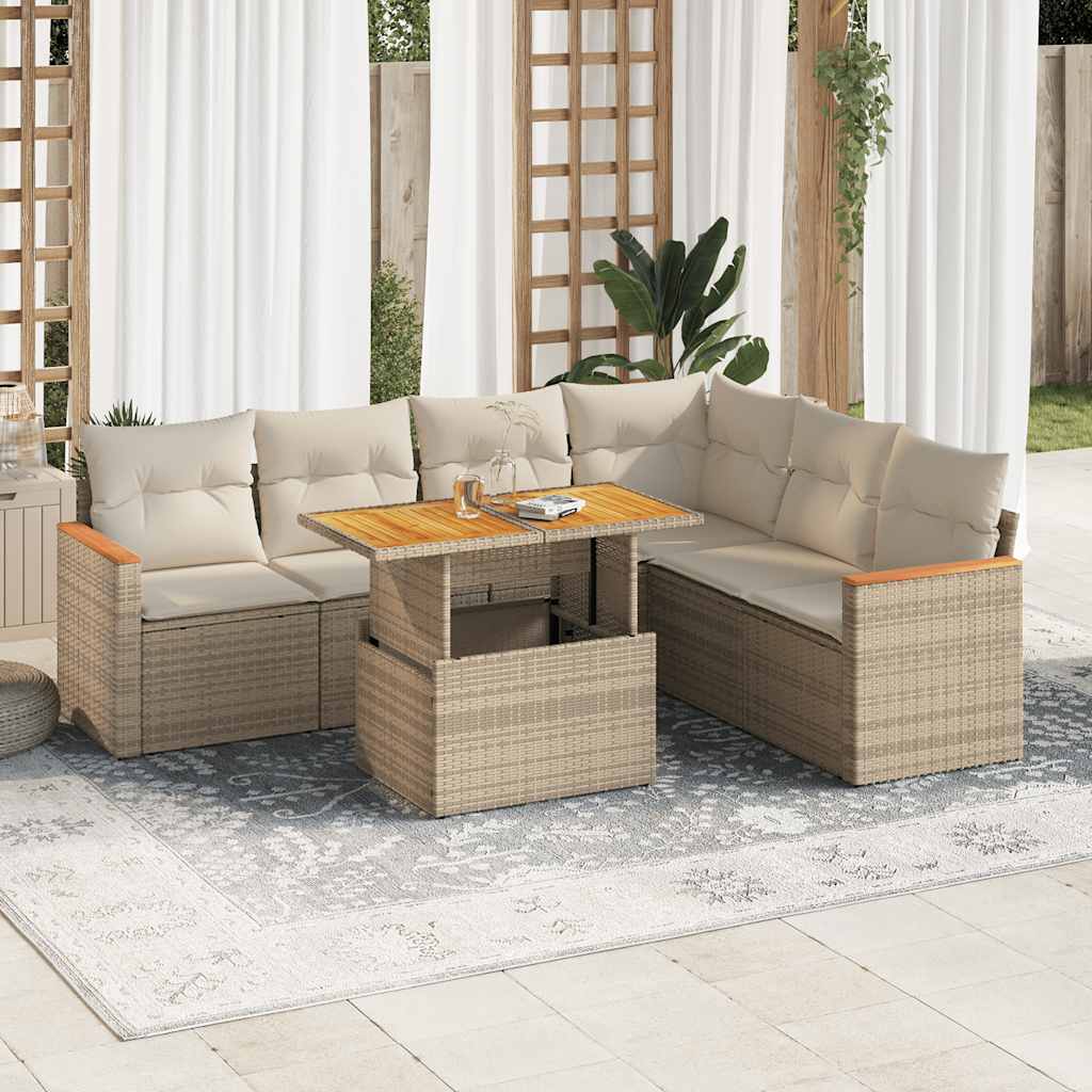 7 Piece Garden Sofa Set with Cushions Beige Poly Rattan Acacia