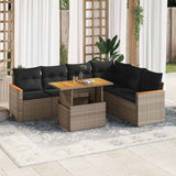 7 Piece Garden Sofa Set with Cushions Grey Poly Rattan Acacia