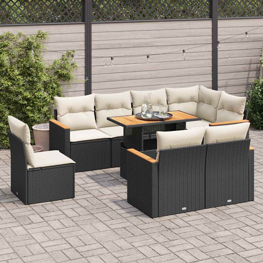 9 Piece Garden Sofa Set with Cushions Black Poly Rattan Acacia