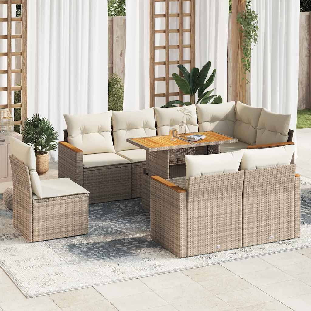 9 Piece Garden Sofa Set with Cushions Beige Poly Rattan Acacia