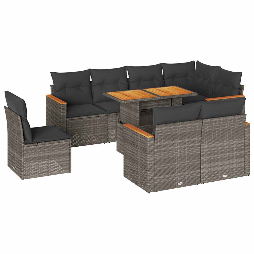 9 Piece Garden Sofa Set with Cushions Grey Poly Rattan Acacia