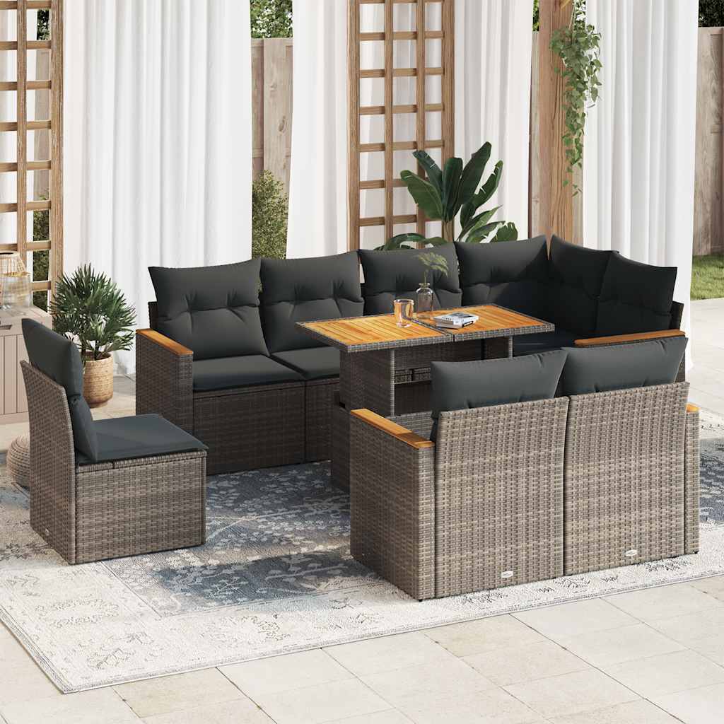 9 Piece Garden Sofa Set with Cushions Grey Poly Rattan Acacia