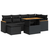 7 Piece Garden Sofa Set with Cushions Black Poly Rattan Acacia