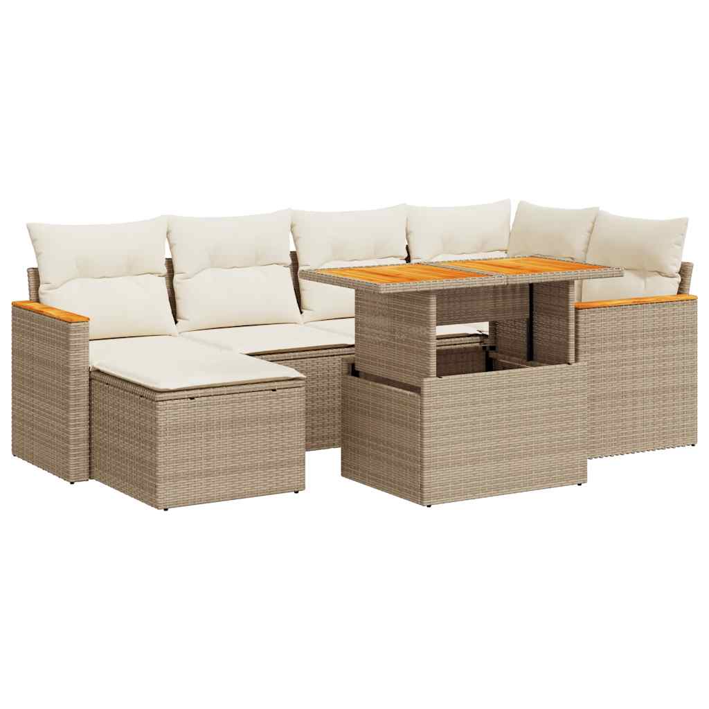 7 Piece Garden Sofa Set with Cushions Beige Poly Rattan Acacia