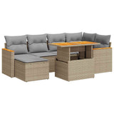 7 Piece Garden Sofa Set with Cushions Beige Poly Rattan Acacia