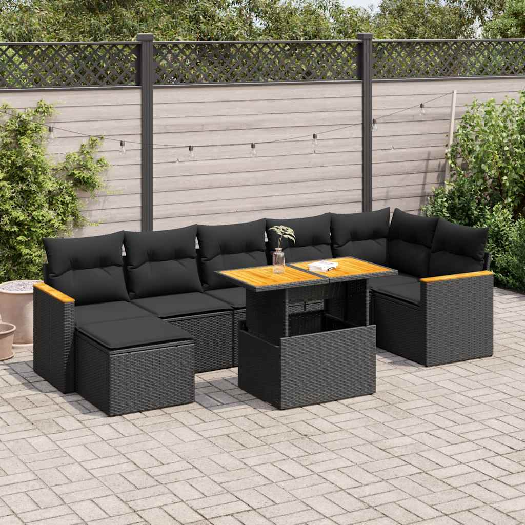 8 Piece Garden Sofa Set with Cushions Black Poly Rattan Acacia