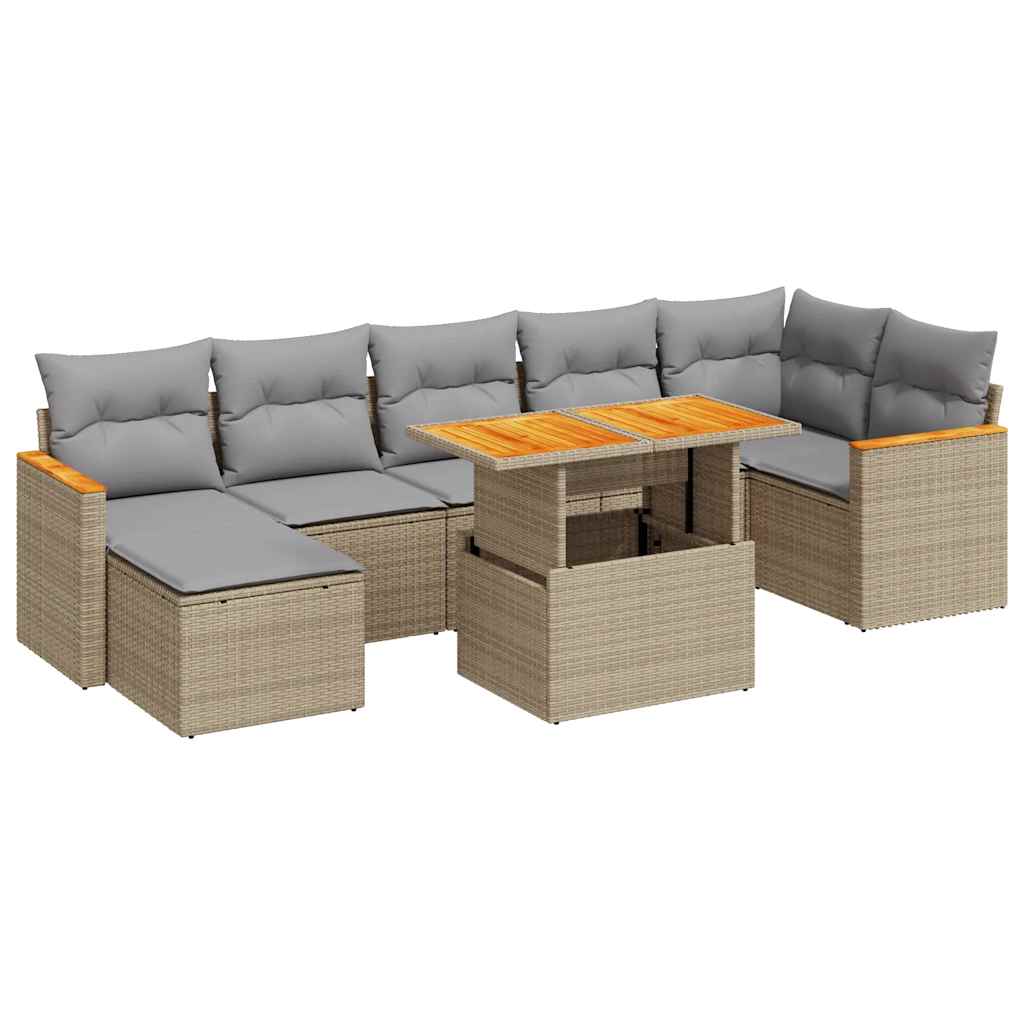 8 Piece Garden Sofa Set with Cushions Beige Poly Rattan Acacia